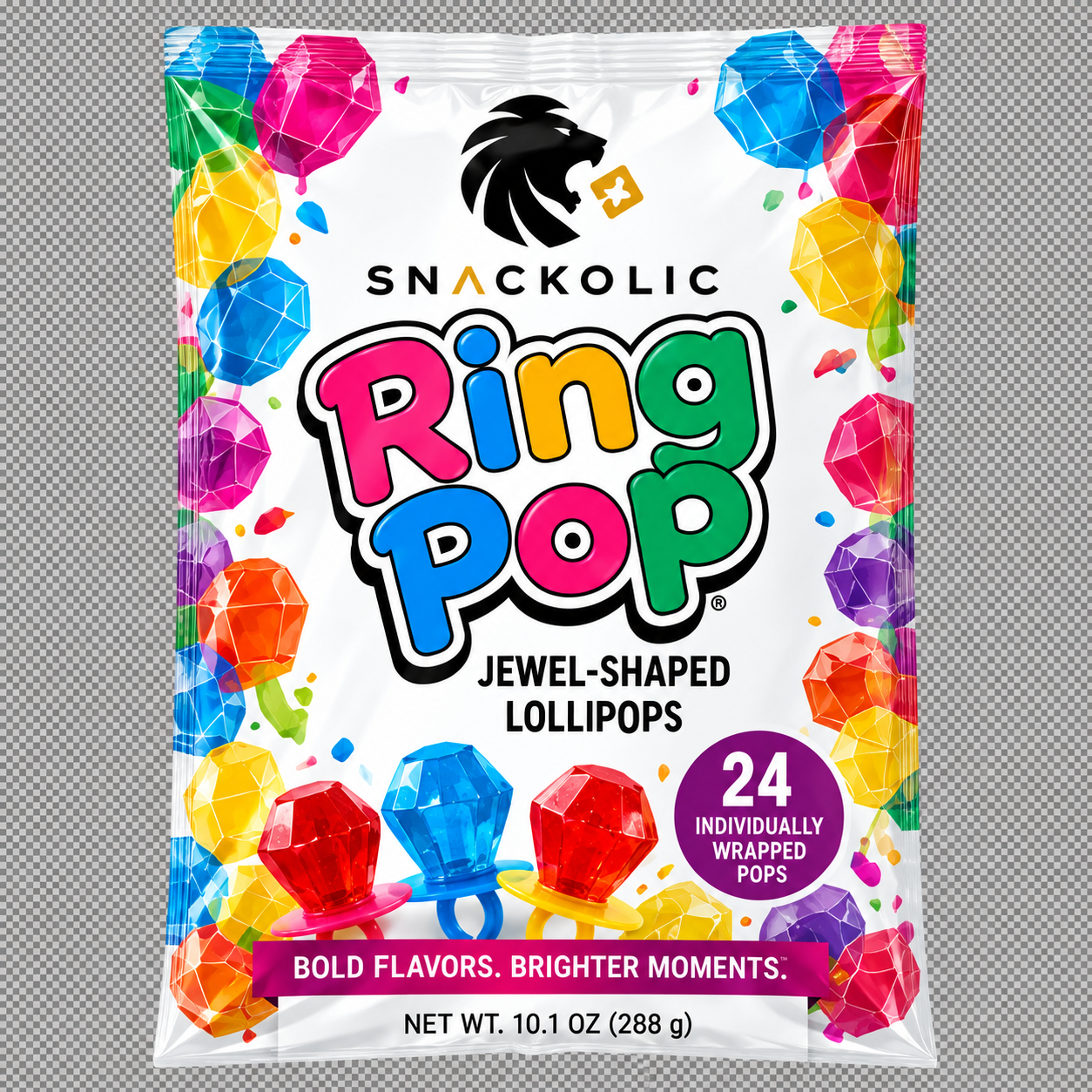 Snackolic Jewel-Shaped Lollipops package